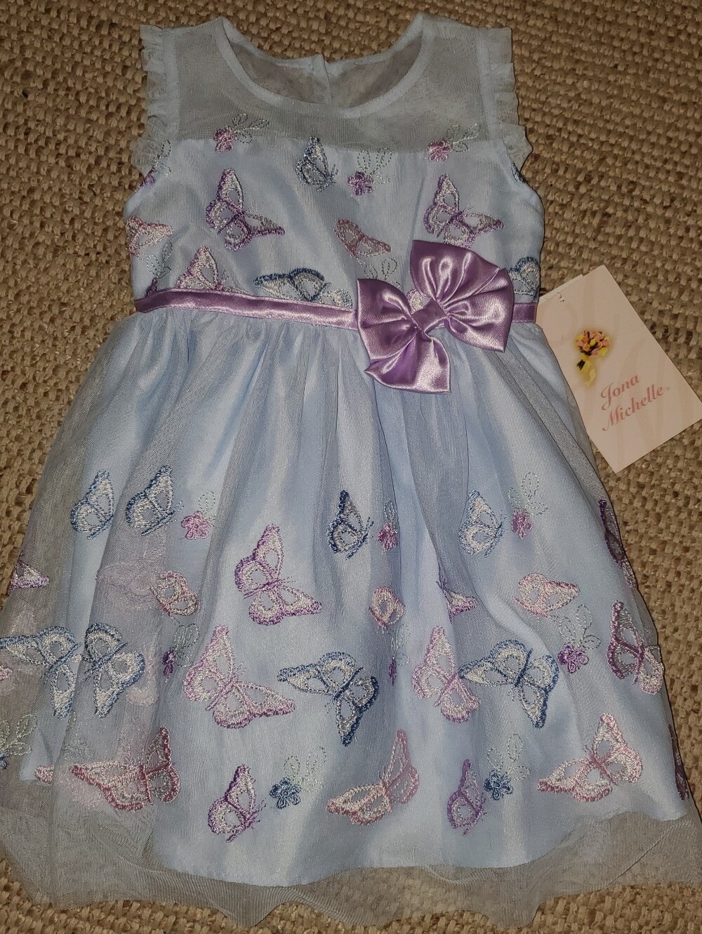 Jona Michelle 3T Girls' Light Blue Butterfly Embroidered Dress with Purple Bow